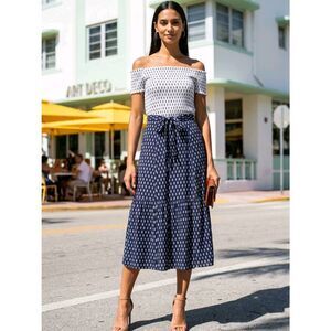 🔹️Maison Jules Blue & White Pineapple Off Shoulder Dress Size 10